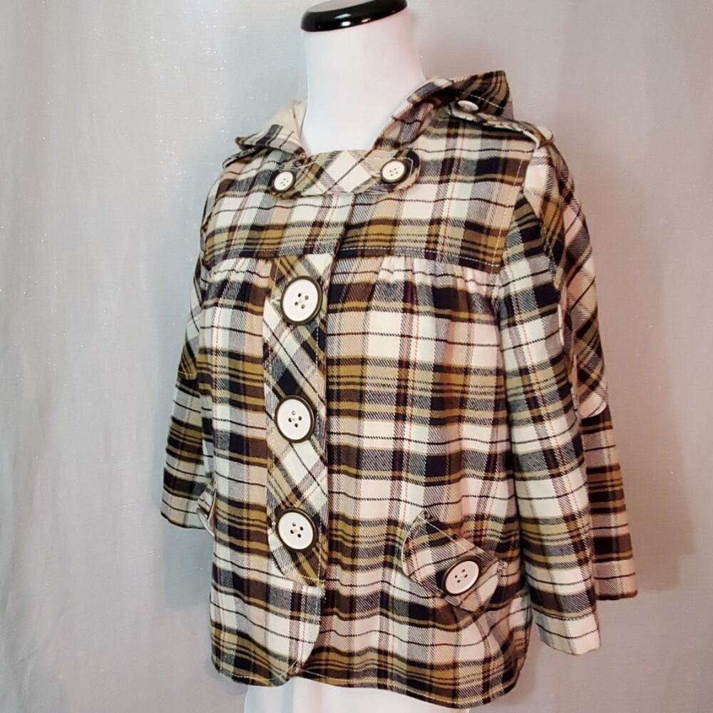 7 for all Mankind Olive Tan Plaid Swing Coat with Hood & Bell Sleeves, S